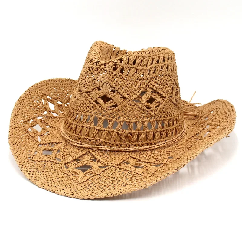 

Fashion Hollowed Handmade Cowboy Straw Hat Women Men Summer Outdoor Travel Beach Hats Unisex Solid Western Sunshade Cap