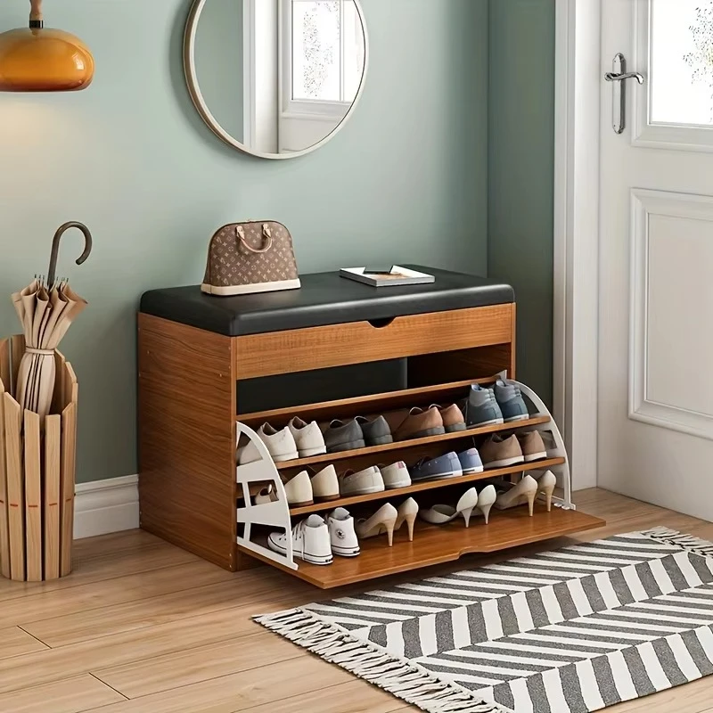 

Shoe Bench with Storage | 3-Tier Shoe Rack, Cushioned Seat & Hidden Cabinet | Space-Saving Entryway Organizer for Home