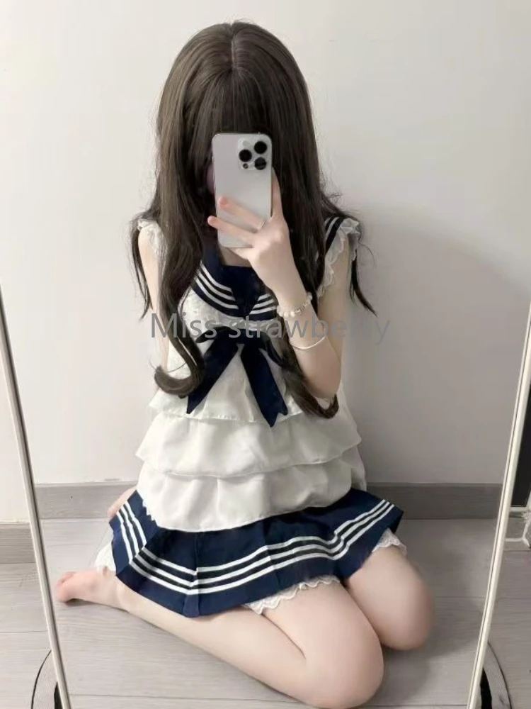 Preppy สไตล์ใหม่แฟชั่นหลวม 2 ชิ้นชุดผู้หญิงฤดูร้อน 2025 แขนกุด Ruffle ชุดกะลาสีหญิงลูกไม้เอวสูงกระโปรงสั้น