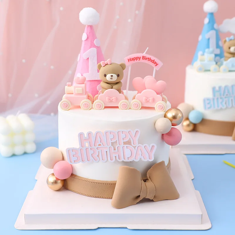 Pink Blue 3D Bear Cake Topper Pink Gold Foam Ball Cake Decoration Gender Reveal Baby Shower Supplie Boy Girl Birthday Cake Decor