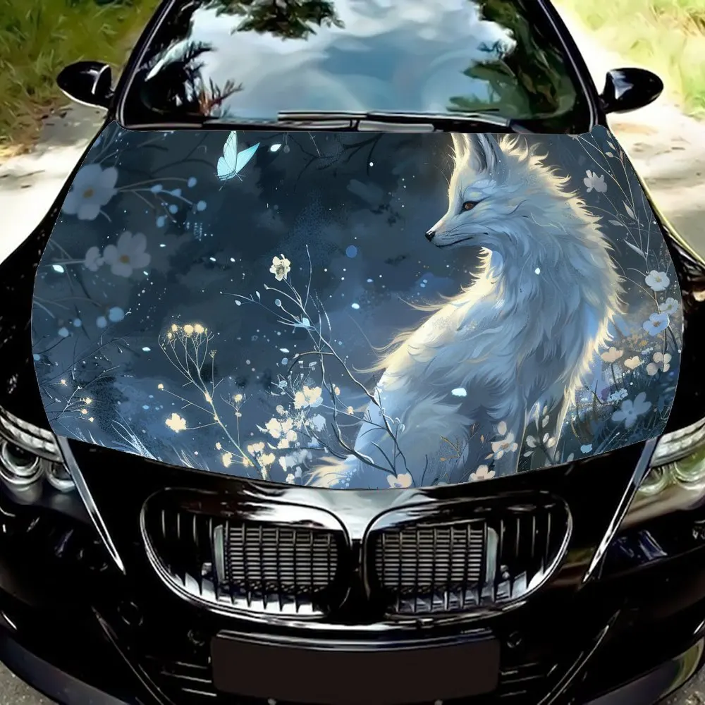 

White Fox & Butterfly Car Hood Sticker - Durable PVC Film Packaging, Suitable for Most Vehicles, Engine Cover Protector with Ani