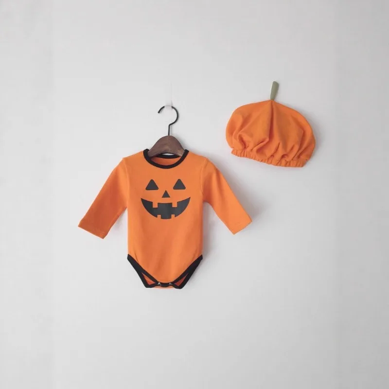 

2025 Korean Summer Baby Jumpsuit Halloween Onesie Set Pumpkin Design Short Sleeve Romper Premium Cotton Bodysuit Infant Outfit