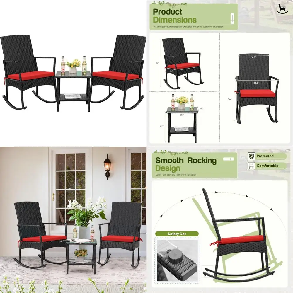 Outdoor PE Rattan Rocking Chair with Glass Table, High Back Porch Rocker for Balcony, Garden, Backyard - Red