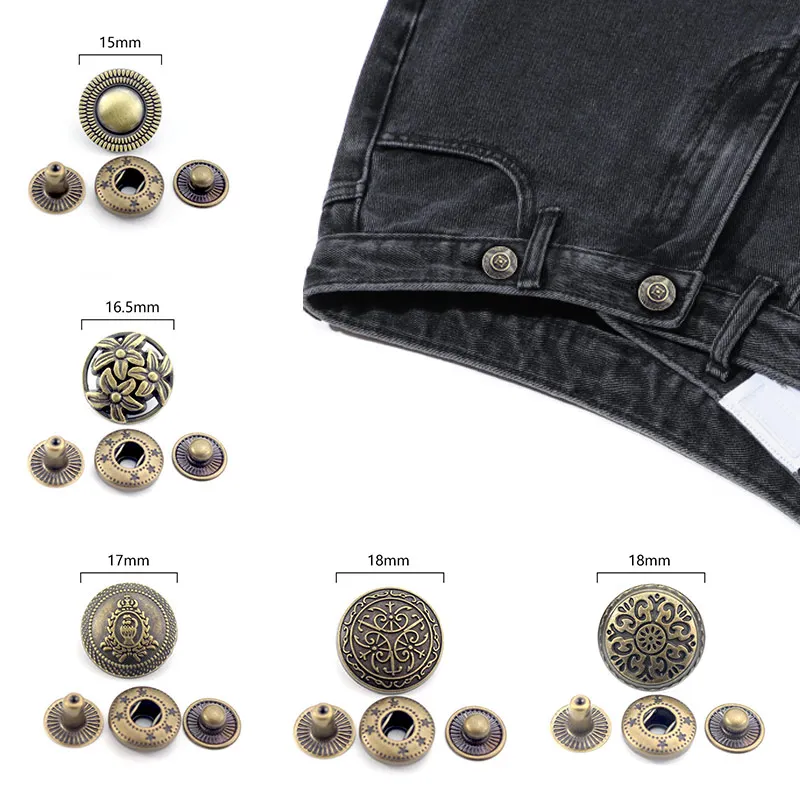 10Sets Vintage Press Studs Metal Copper Buttons For Garment Overcoat Leather Craft Snap Button Fasteners DIY Sewing Accessories