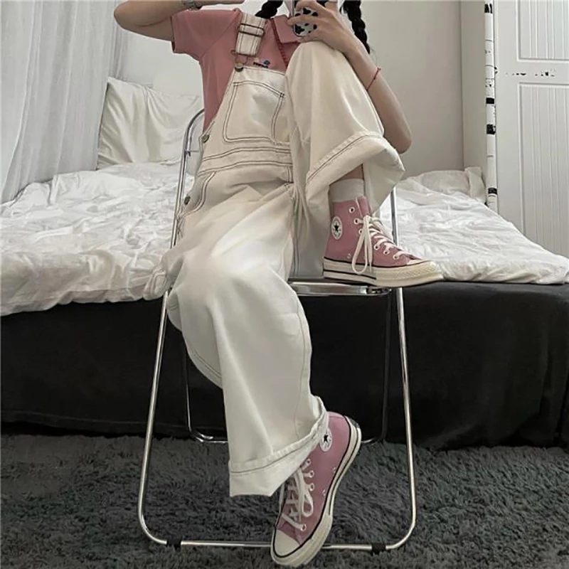 Pantalones vaqueros blancos con tirantes para mujer, pantalón holgado de cintura alta, longitud completa, pierna ancha, mono Vintage que combina con todo, primavera y otoño