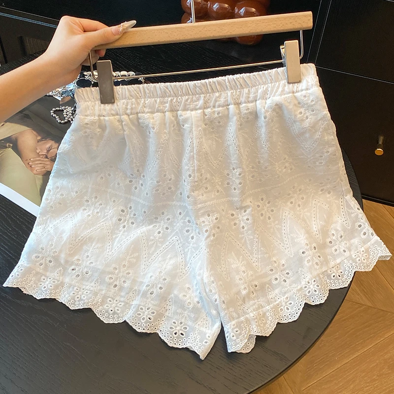 

Женские летние шорты с вышивкой и вырезами, с высокой талией, эластичные, широкие, повседневные, для активного отдыха, А-силуэт, хит продаж