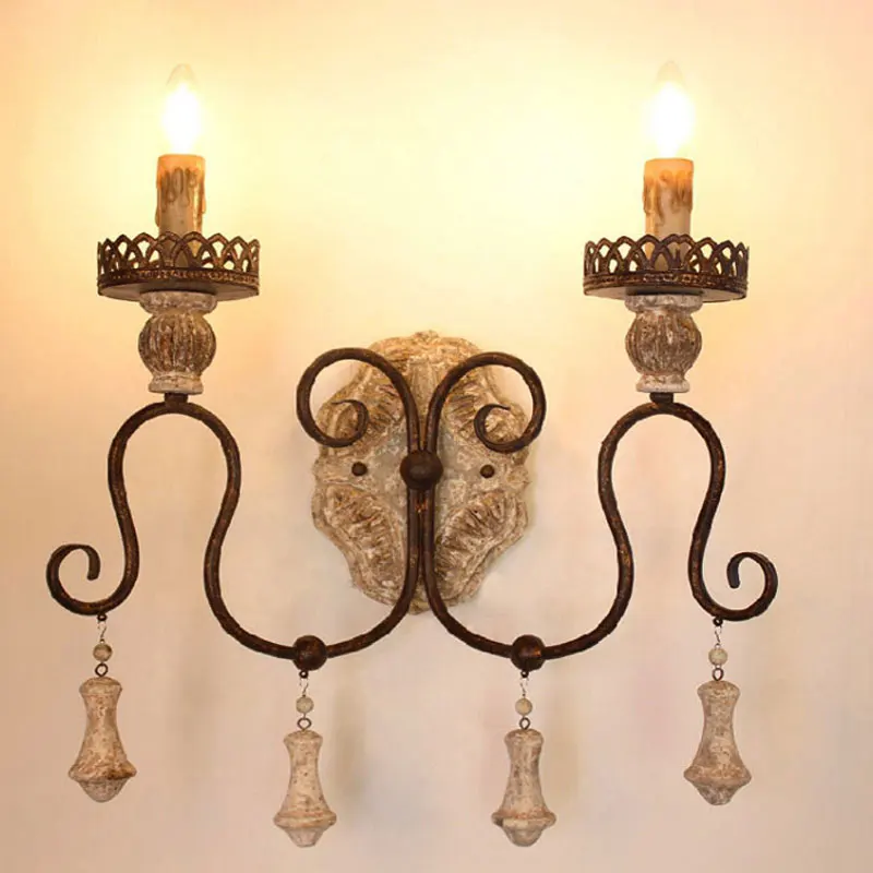 Loft American Retro Solid Wood Wall Lamp French Living Room Dining Room Corridor Iron Lamp Vintage Double Head Wall Sconce