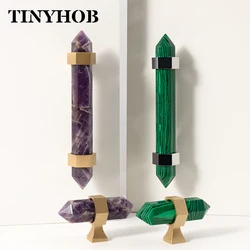 Crystal Cabinet Handles Amethyst / Synthetic Malachite Drawer Pulls with Brass Bases for Kitchen Bedroom Furniture Decoration