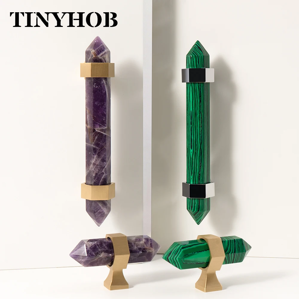 Crystal Cabinet Handles Amethyst / Synthetic Malachite Drawer Pulls with Brass Bases for Kitchen Bedroom Furniture Decoration