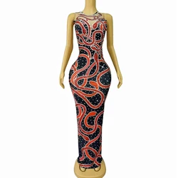 Sexy Stage Snake Pattern Shining Rhinestones Cultivation Maxi Dress Women Dance Show Performance Costume Evening Party Outfit