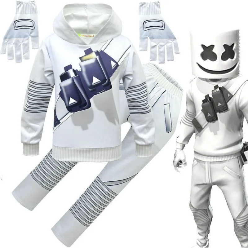 Kids Halloween Costume Boys Marshmello DJ Mask Interesting Jumpsuit Headgear Hoodies Suit Music Christmas Party Costume for Kids