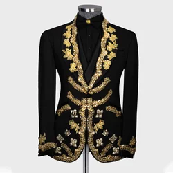 Luxurious Beaded Gold Appliques Men Suits Groom Wedding Tuxedos 3 Pieces Sets Male Prom Blazers Pants Outfit Terno Masculino