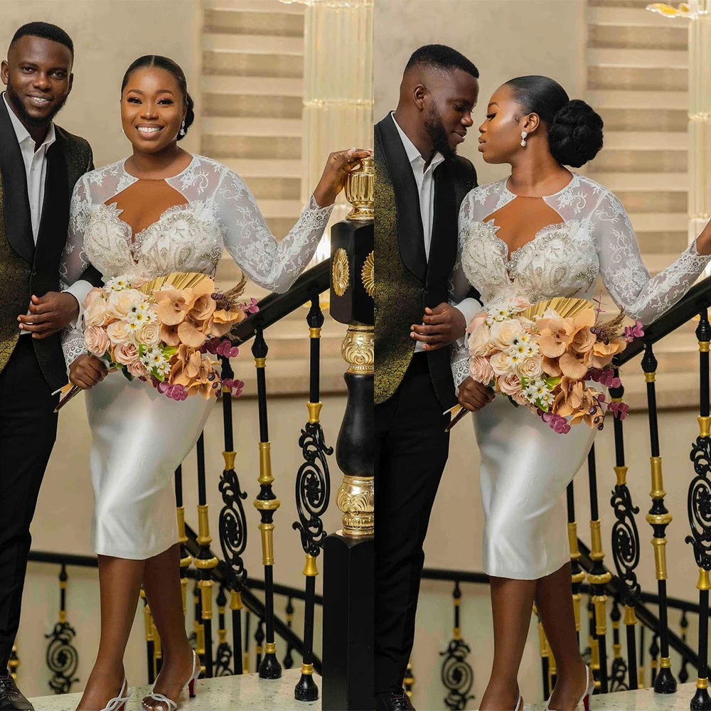 Plus size cetim sereia vestido de casamento sheer o pescoço manga longa contas de cristal vestidos de noiva robe de soiree