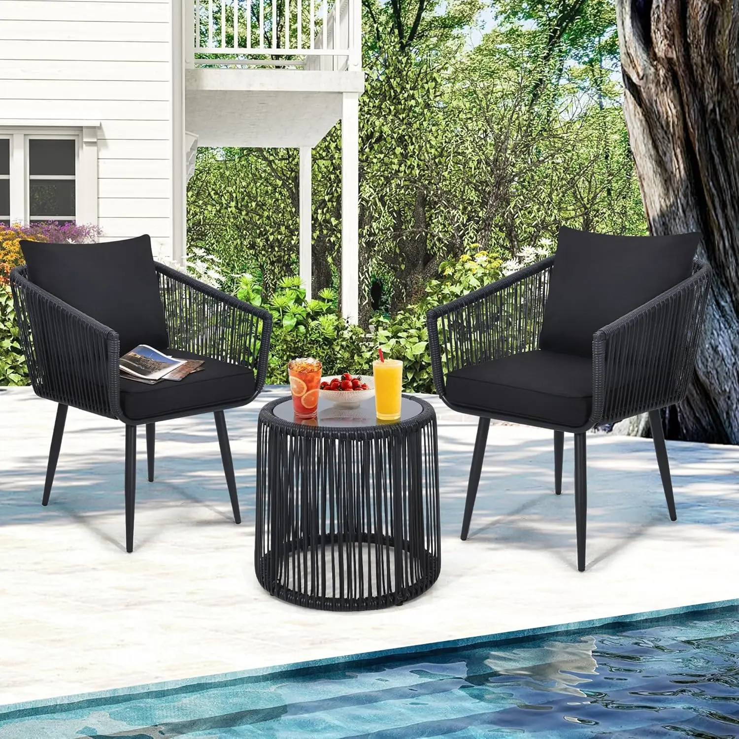 3 Pieces Patio Rattan Bistro Conversation Set, Outdoor All-Weather Wicker Furniture Chairs and Side Table Set Ideal for Balcony,