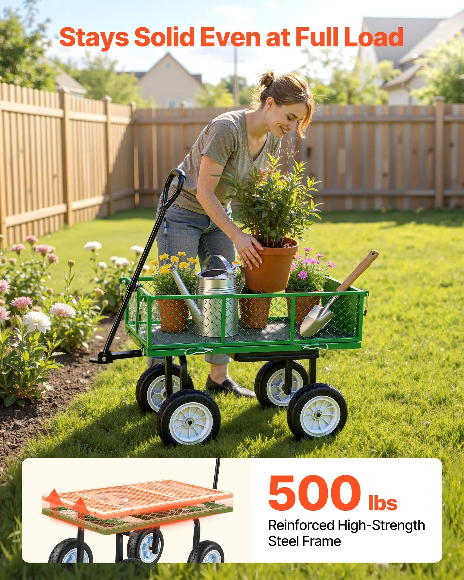 Carrito de Jardín con Asiento, 500 LBS, Asiento de Trabajo de Acero con Ruedas, Taburete de Jardinería Resistente, con Bandeja para Herramientas