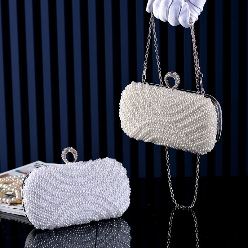 Women\'s Retro Evening Bag Chain Bag Evening Bag Polyester Pearls Chain Pearl Party / Evening Daily White Beige / Bridal Purse