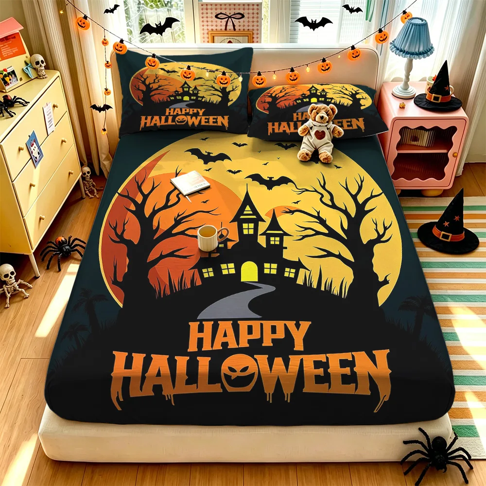 3PCS Halloween Haunted House Bat Dead Tree Printed Bed Skirt Pillowcase Set without a filling soft bedroom bedding decoration
