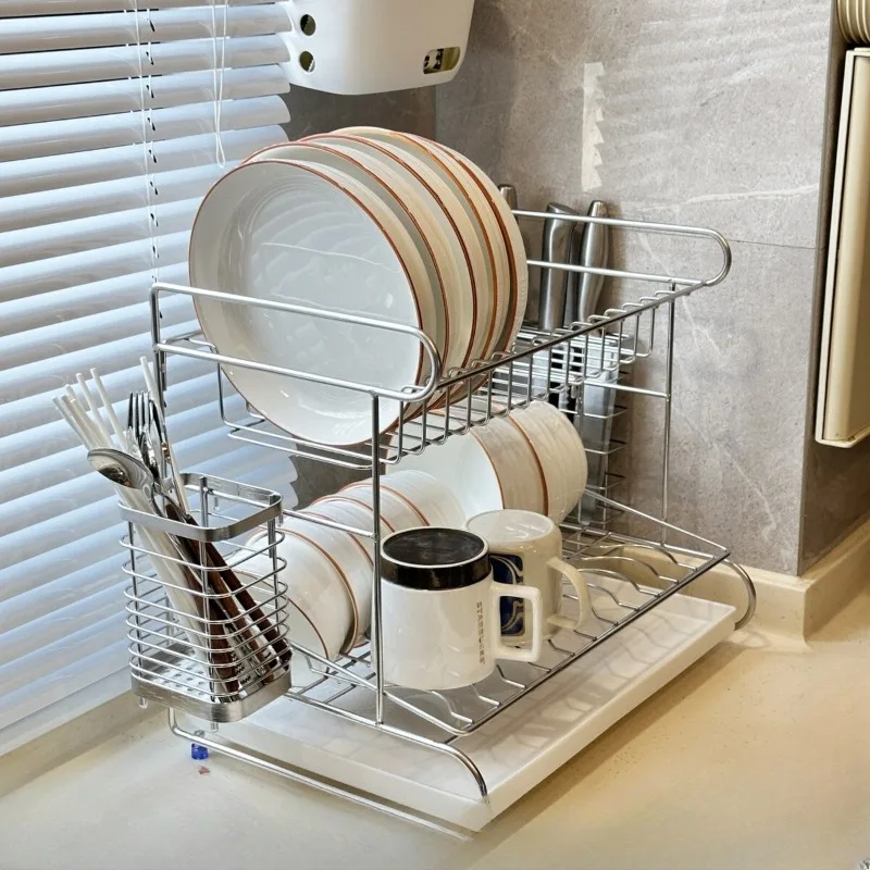 

304 Stainless Steel Dish Rack 2-Tier Kitchen Drainer with Knife Holder Countertop Tableware Organizer Space-Saving Drying Rack