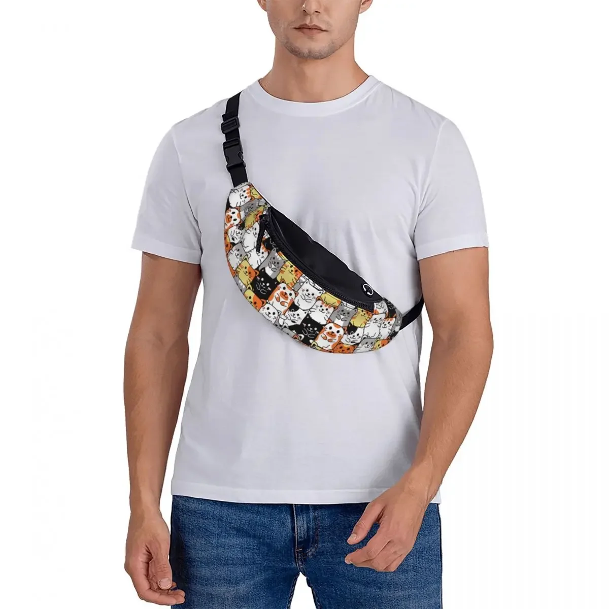 Sac banane à motif de chat de chaton mignon pour hommes et femmes, sac de taille à bandoulière personnalisé, animaux de dessin animé, voyage, téléphone, poudres d'argent