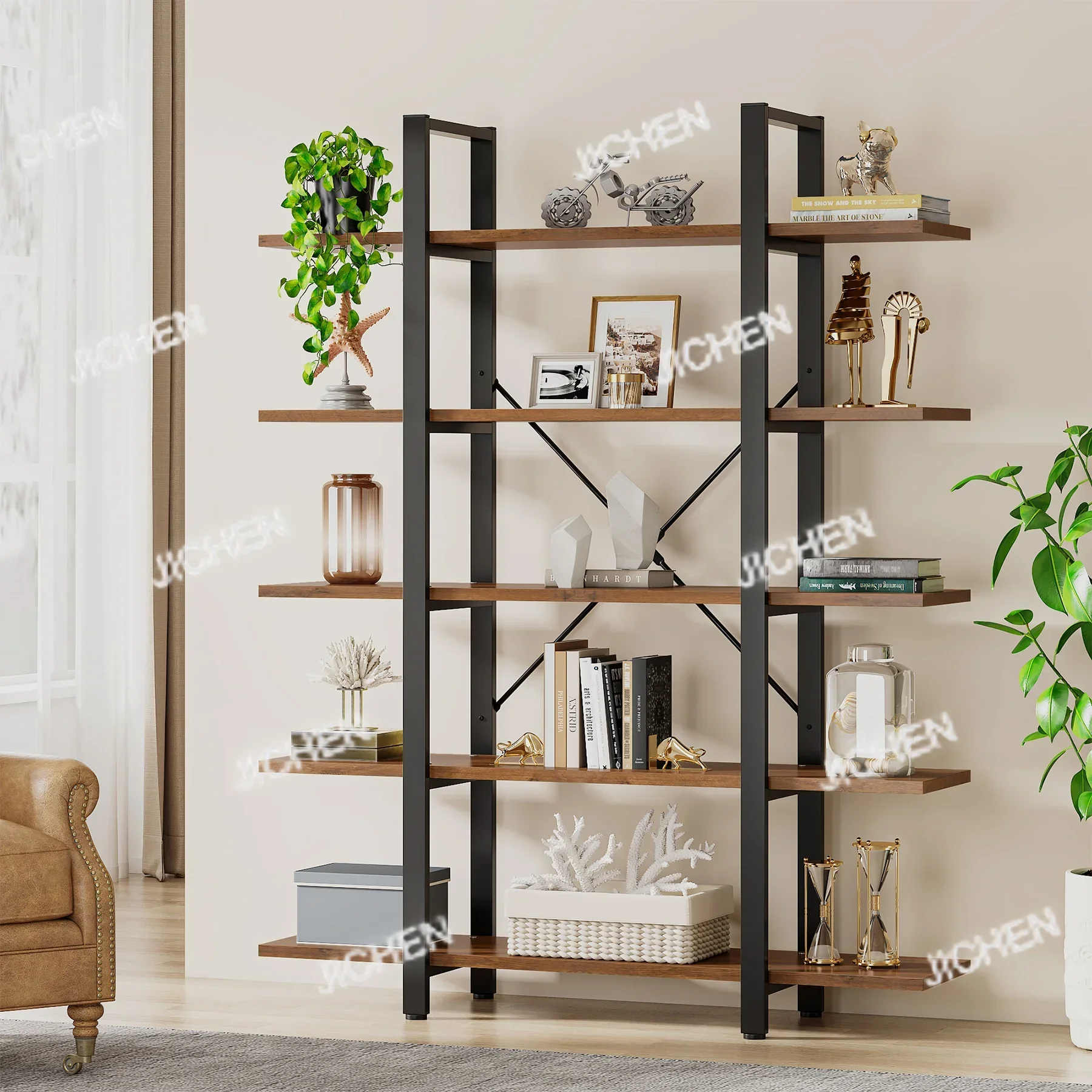 رف كتب JC مكون من 5 طبقات، خزانة كتب على الطراز الصناعي العتيق 72 ارتفاع × 12 عرض × 47 لتر بوصة، بني قديم #1