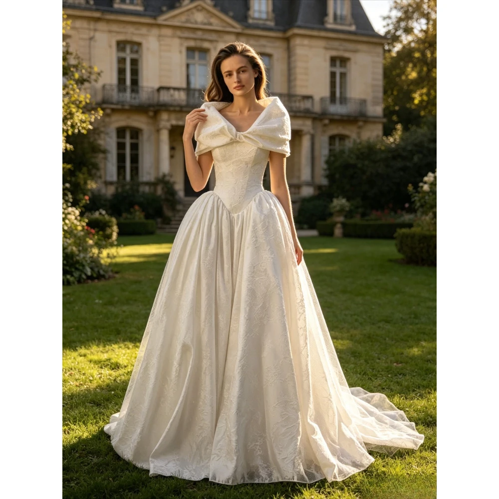 Customized Jacquard Bubble Sleeve Wedding Dresses 2026 White Retro Shoulder Pack V-neck Tight Corset A-line Satin Bridal Gown