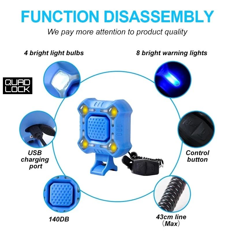 

QUAD LOCK Bike Bell 4 Lamp Cycling Light 1200mAh Electric Horn Waterproof USB Charging Bicycle Bell Loud Alarm Bike Light