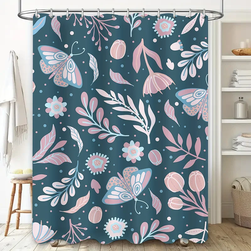 Delightful Floral Butterfly Shower Curtain Pink Blue Watercolor Pattern for Bathroom Decor Waterproof Fabric, Size 72x78 Inches