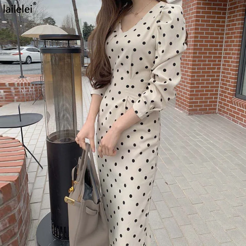 

Polka Dot Puff Long Sleeve Midi Dress V Neck Corduroy Velvet Maxi Vestido De Mujer Vintage Elegant Spring Fall Korean Sukienka