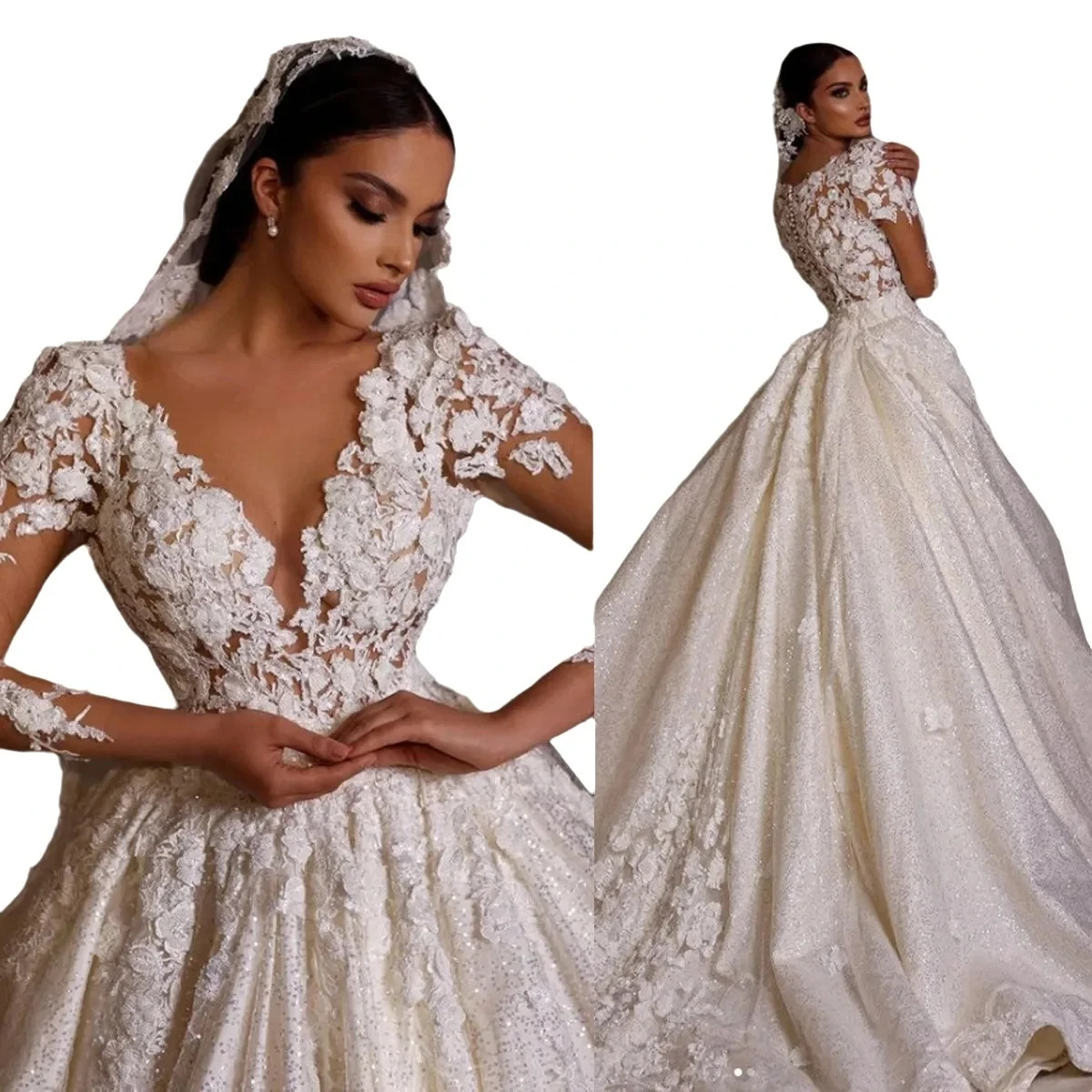 

2025 Luxury Princess Ball Gown Wedding Dress V-neck Long Illusion Sleeves 3D Flowers Lace Sequins Puffy Bridal Bride Gowns