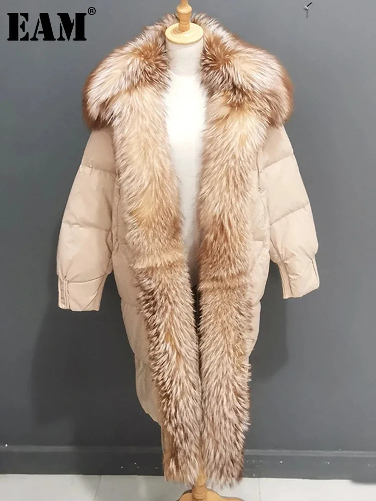 [EAM] Green Fur Big Size Keep Warm Thick Down Jacket New Long Sleeve Warm Women Parkas Fashion Tide Autumn Winter 2025 1DH8507