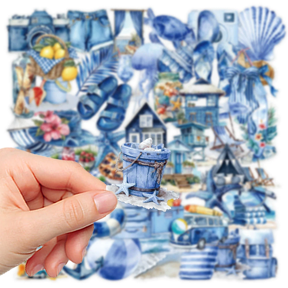 10/30/50 Uds. Pegatinas de dibujos animados azules de playa de verano estilo Ins pegatinas de grafiti estéticas cuaderno teléfono guitarra pegatina transparente para mascotas