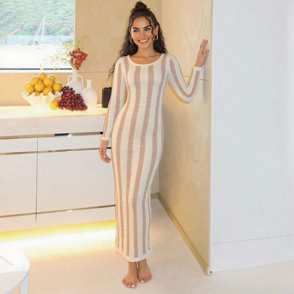 فستان ماكسي من Blifanbo مثير بفتحات مكشوفة الظهر للنساء بأكمام طويلة للخريف مرقع برقبة دائرية فستان حفلات للنوادي عالي الخصر