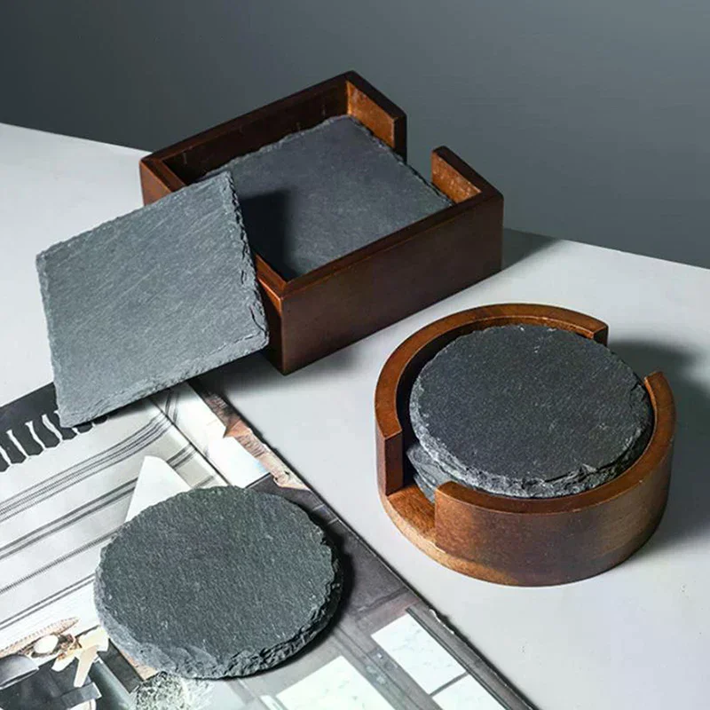 Table Coaster Japanese Style Reusable Slate Stone Drink Coaster Decorative Kitchen Tea Cup Mug Heat Resistant Rock Coaster