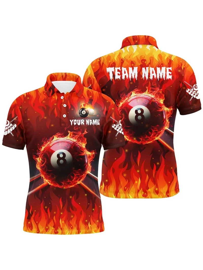 Custom 8 Ball Billiards Flame Polo Shirts For Man Personalized Pool Player Jersey For Team Uniforms