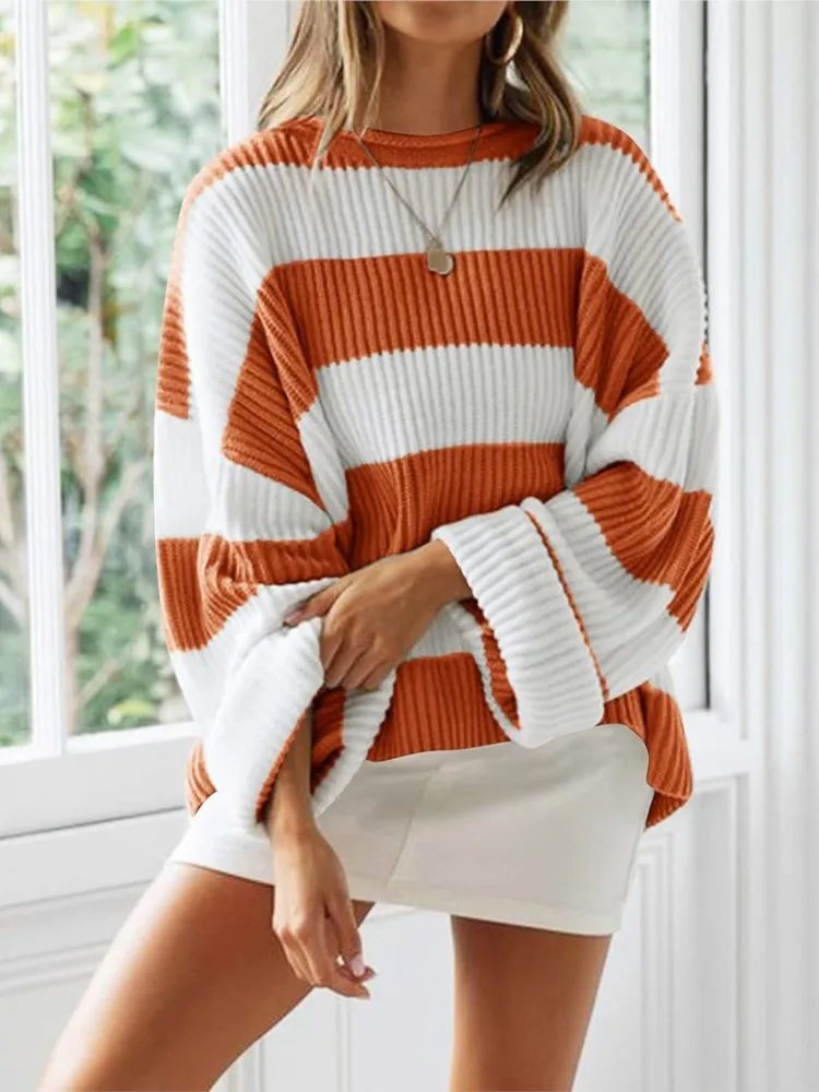 Fashion Bell Sleeve Loose Knitted Sweaters Y2k Preppy Style Casual O Neck Long Sleeve Striped Knit Sweater For Women Fall Winter image 3