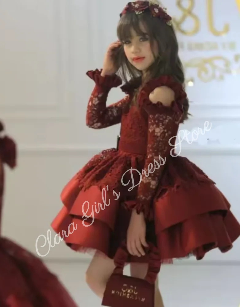 Vestido elegante de princesa con flores para niña, vestido de boda de encaje hasta la rodilla de satén para niña, vestido de primera comunión para fiesta de cumpleaños