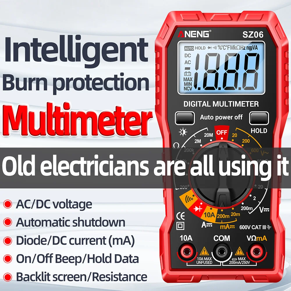 SZ06 LCD Screen Digital Multimeter 2000 Count Storage Professional Meter Voltage Current Ohm Tester AC/DC Ammeter Voltmeter