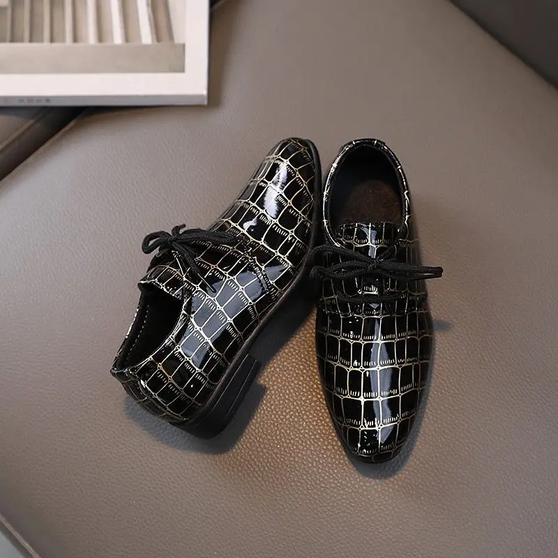 

Kids Boys Black Leather Formal Shoes British Style Plaid Pointed Toe Dress Shoes for Wedding Party New Arrival Children Footwear