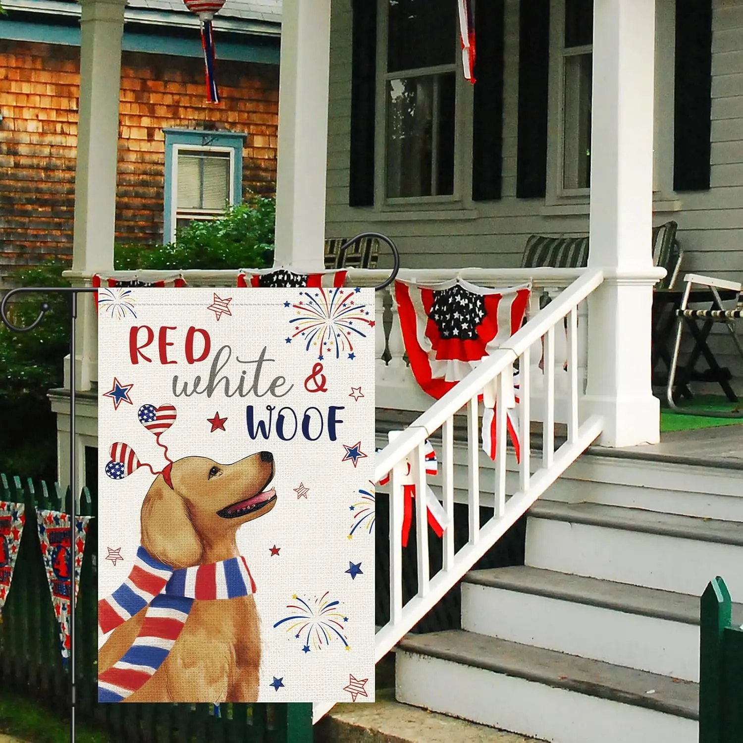 Louise Maelys 4 of July Garden Flag Golden Retriever Dog Red White and Woof Independence Day 12x18 Inch Double Sided Stars a EEZ