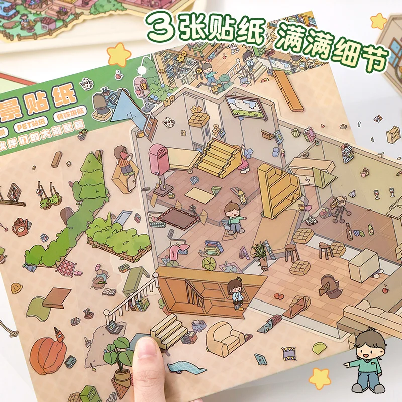 Plus Size Friend Party Landscape Sticker Panda and Cat DIY 3D Pocket Cabin Scene Stickers Gift for Kid Child