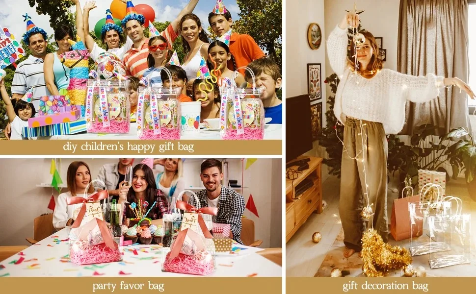 10–100 Stück durchsichtige Geschenktüten aus Kunststoff mit Griff, transparente Geschenktüte, wiederverwendbare Einkaufstasche, PVC-Goodie-Taschen für Hochzeits-Partyzubehör – Detail 8