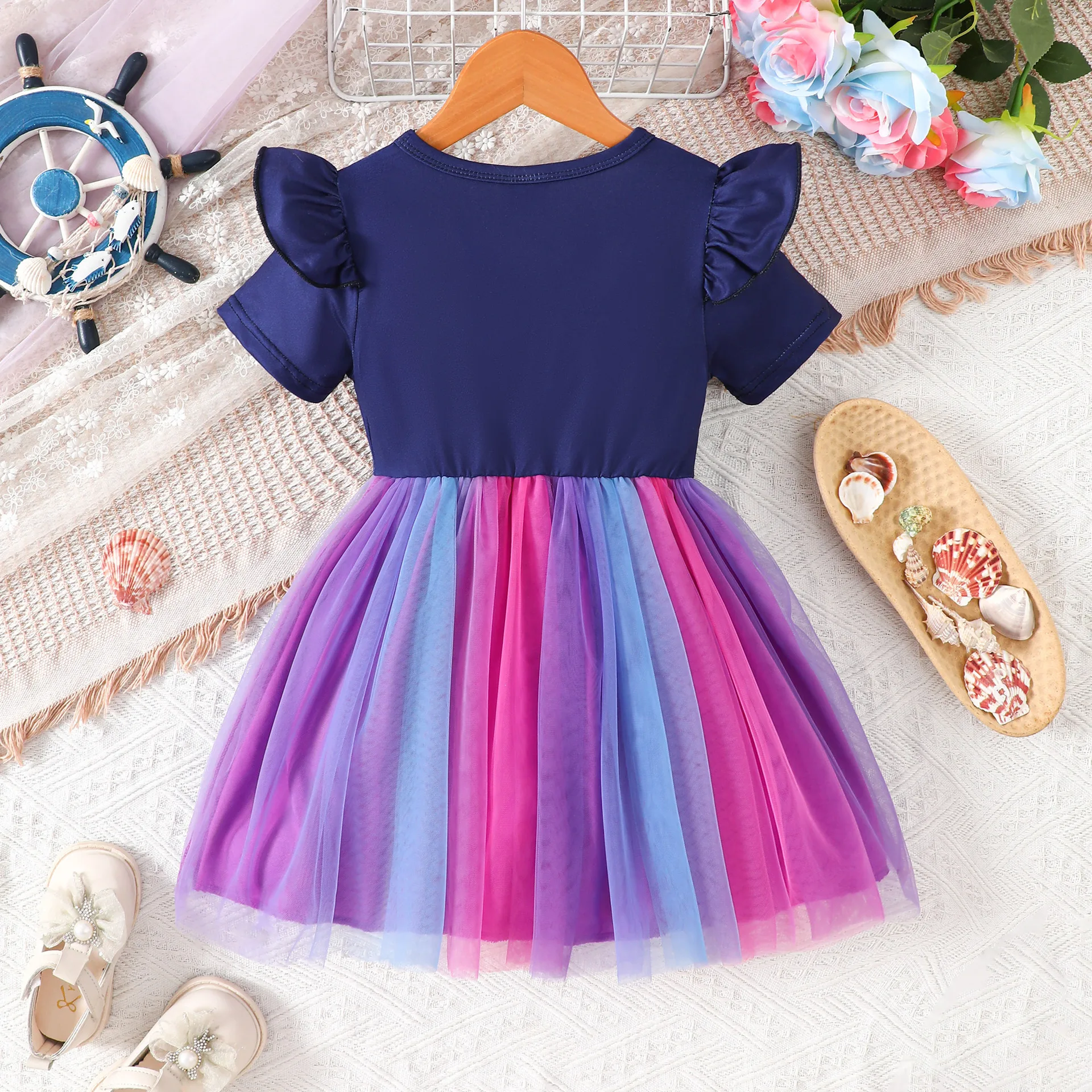 Toddler Baby Girls Summer Dress Round Neck Flutter Sleeve Cartoon Mermaid Print 3D Tulle Tail Colorful Mesh Princess Dress