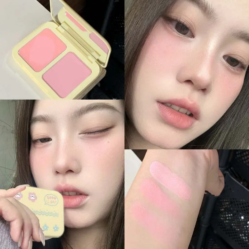 Herorange Two-Tone Blush Palette Soft Blendable Color Waterproof Sweatproof Long Lasting Brighten Complexion Daily Date Gift