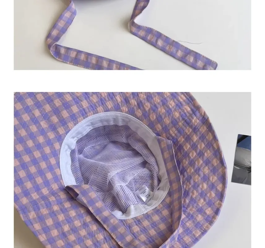 Ins Blogger Retro Plaid Tie Strap Eimer Hut Frauen Sommer Reise Vielseitig Fischer Hut Mädchen Mode Beliebte Breite Krempe Sonne Kappe – Detail 18