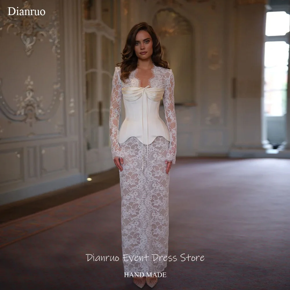 

Dianruo Modest Long Lace Sleeves Wedding Dress Elegant V Neck Vestido De Noiva Appliques Straight Evening Dresses Customized