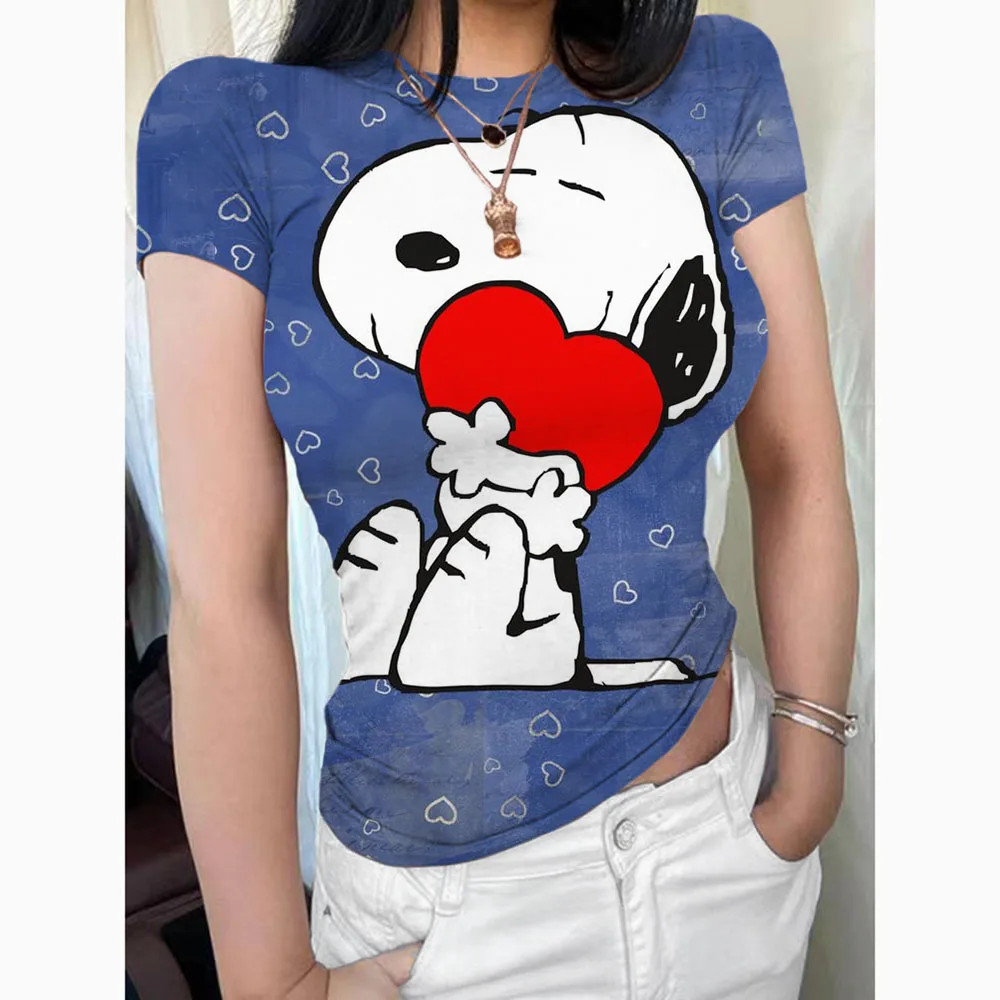 T-shirt slim fit a maniche corte da donna girocollo 202 casual Snoopy print top pullover basic T-shirt street wear Y2K stretto T-shi