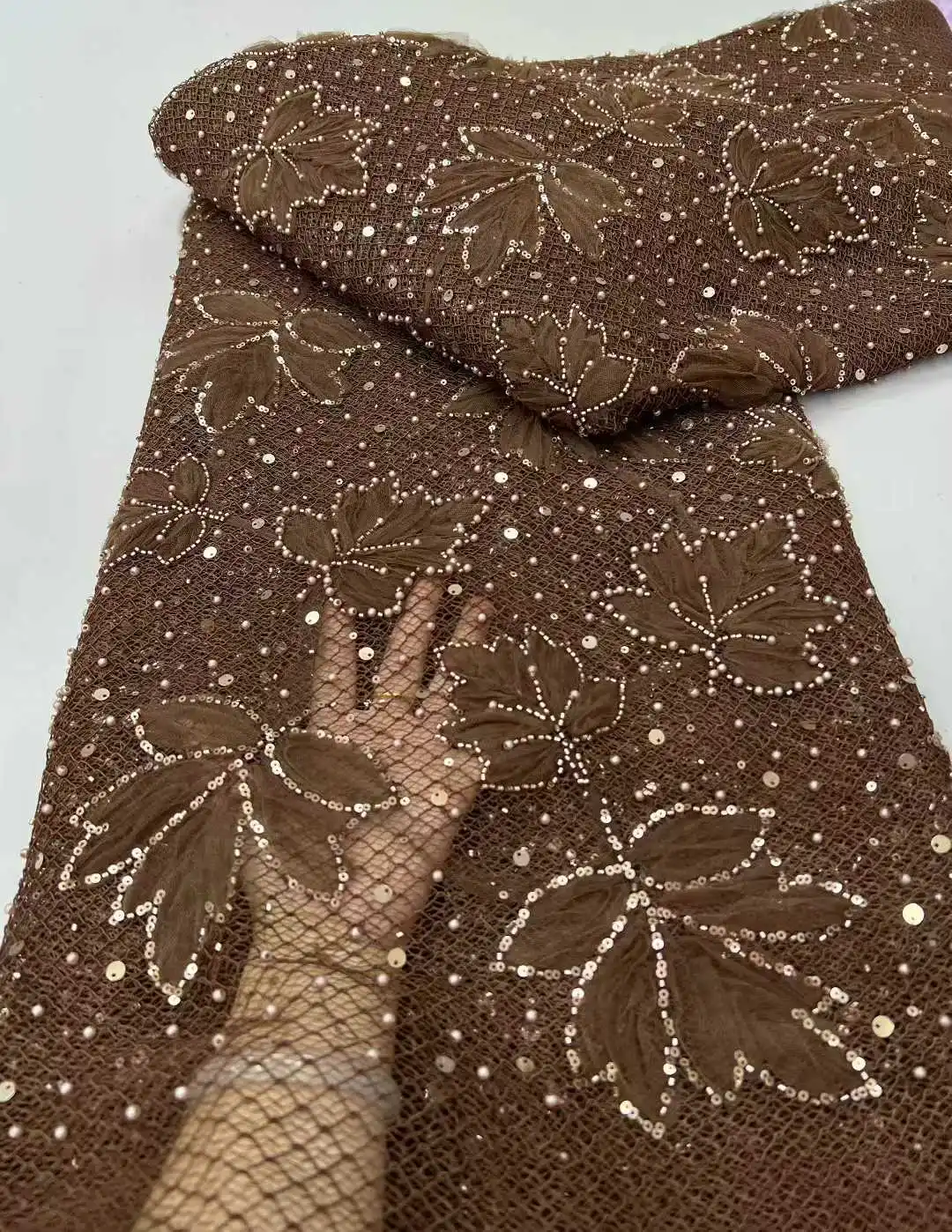 

Luxury French Mesh Beaded Lace Fabric 2025 High Quality African Sequins Groom Net Lace Fabric For Nigerian Wedding Dress Women