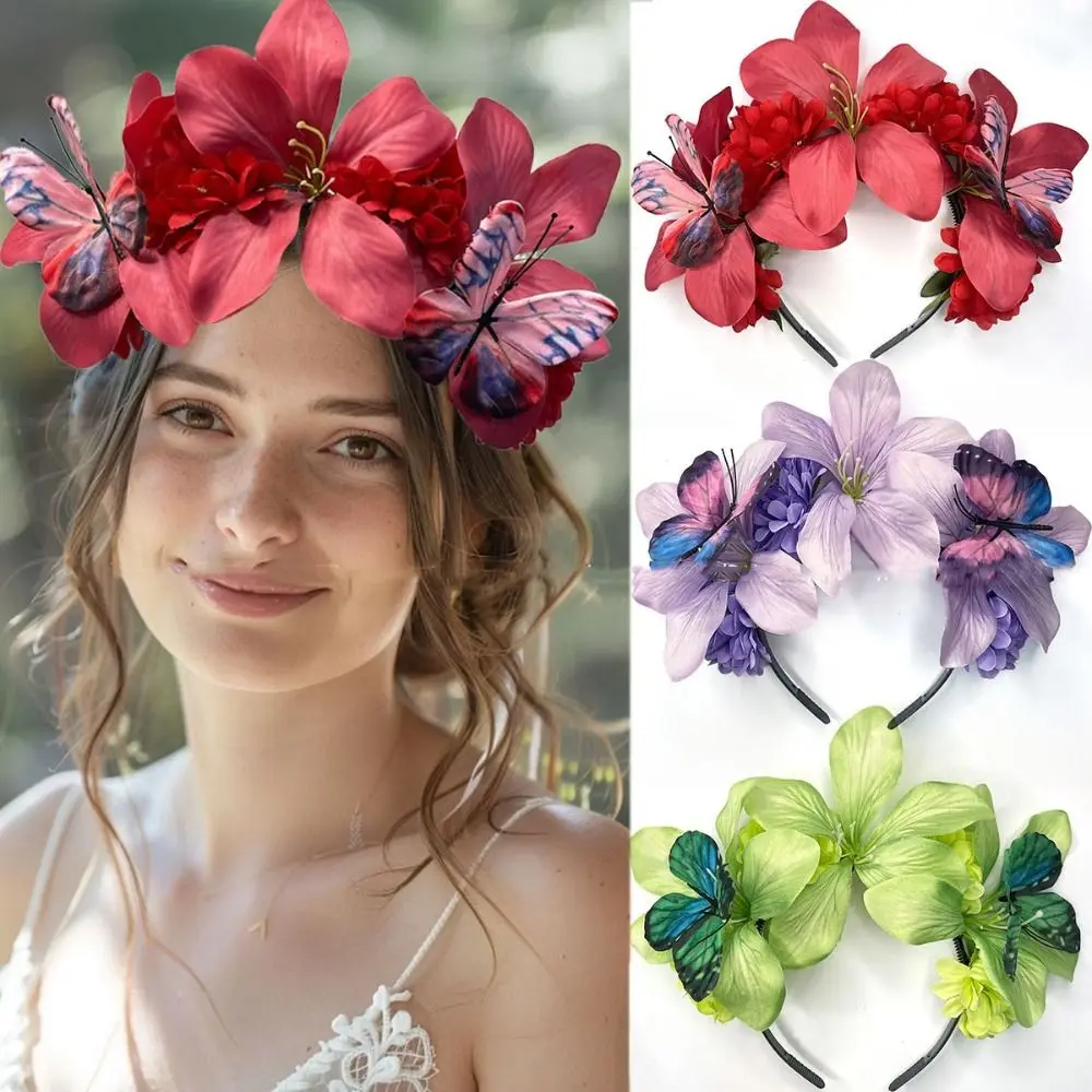 

Sweet Simulation Flower Hair Hoop Garland Butterfly Floral Crown Hairband Headdress Elegant Carnival Hair Accessories
