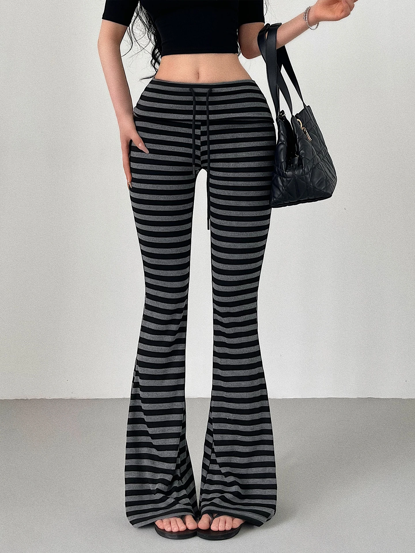 

High Waist Drawstring Waistband Elastic Yoga Casual Pants Flared Legs Visual Lengthening Effect Comfortable Loose Fit Trousers