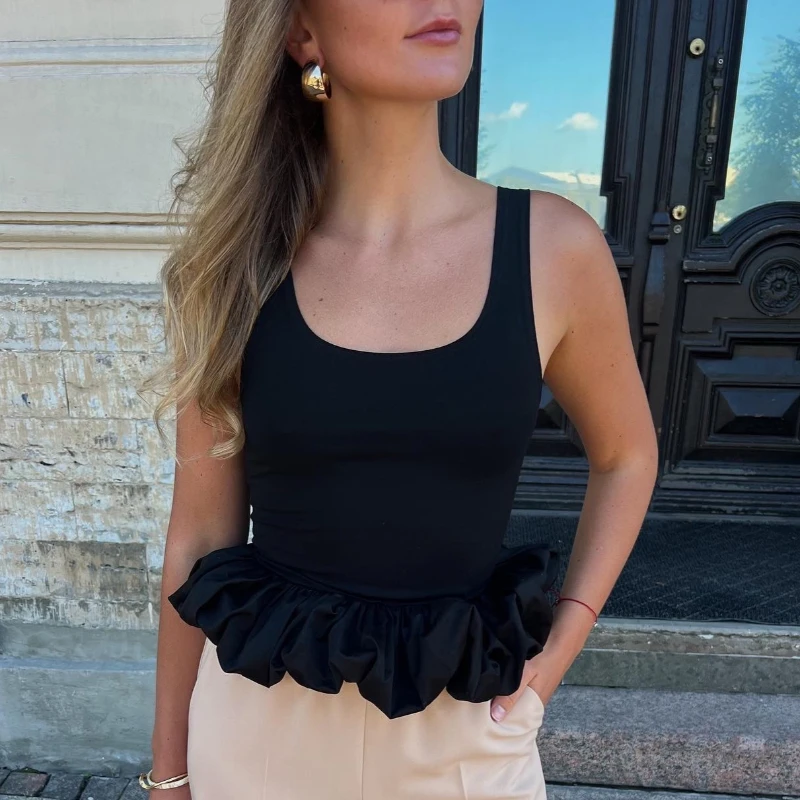 Minimalist Chic Women's Solid Color Sweet Vest Tanks Summer Simple Sleeveless Ruffled Patchwork Blouse Slim Fit Short Tops
